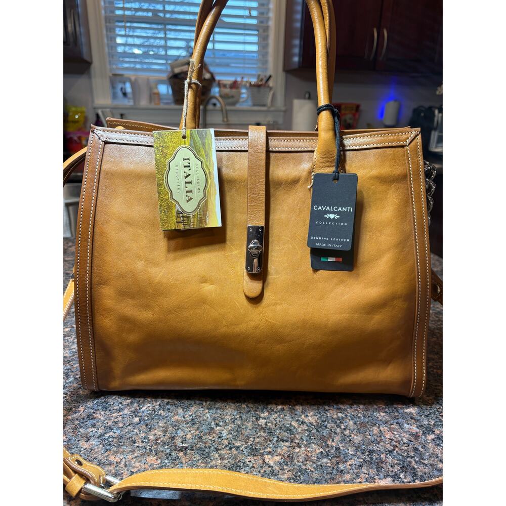 Cavalcanti Italian Designer Cognac Burnished Leather Satchel Shoulder Strap NWT - Picture 2 of 16